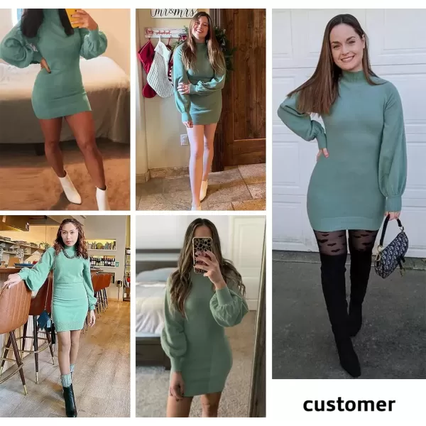 imageEXLURA Womens 2024 Mock Neck Ribbed Long Sleeve Bodycon Pullover Cute Mini Sweater DressGreen