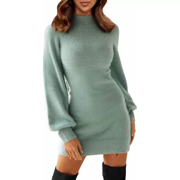 imageEXLURA Womens 2024 Mock Neck Ribbed Long Sleeve Bodycon Pullover Cute Mini Sweater DressGreen