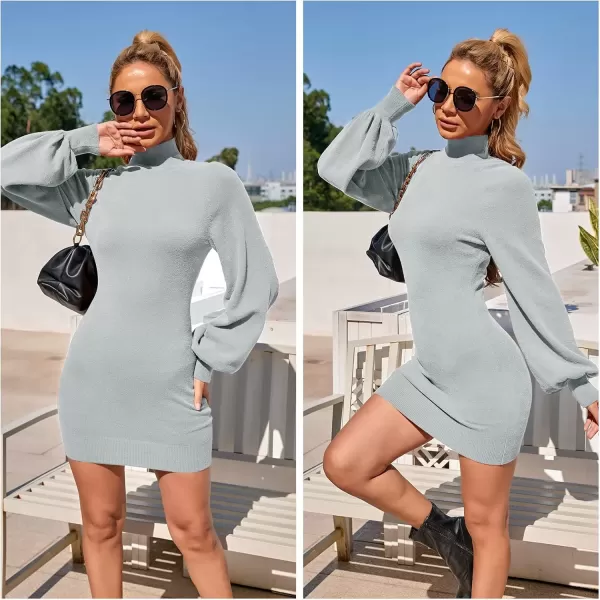 imageEXLURA Womens 2024 Mock Neck Ribbed Long Sleeve Bodycon Pullover Cute Mini Sweater DressGrey Blue