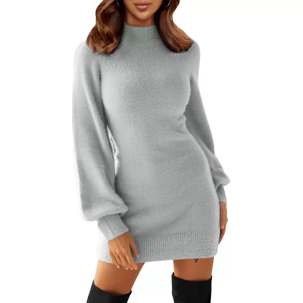 imageEXLURA Womens 2024 Mock Neck Ribbed Long Sleeve Bodycon Pullover Cute Mini Sweater DressGrey Blue