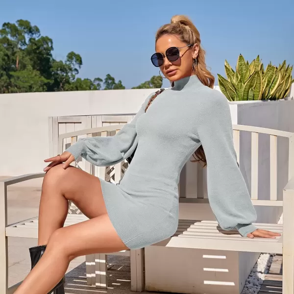 imageEXLURA Womens 2024 Mock Neck Ribbed Long Sleeve Bodycon Pullover Cute Mini Sweater DressGrey Blue