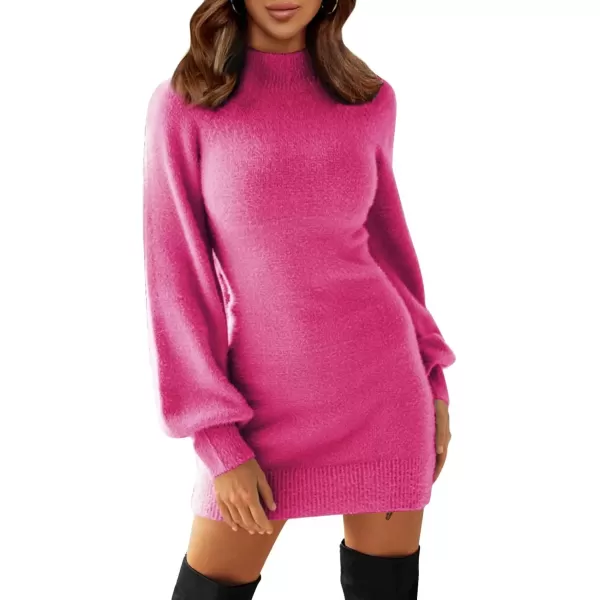 imageEXLURA Womens 2024 Mock Neck Ribbed Long Sleeve Bodycon Pullover Cute Mini Sweater DressHot Pink