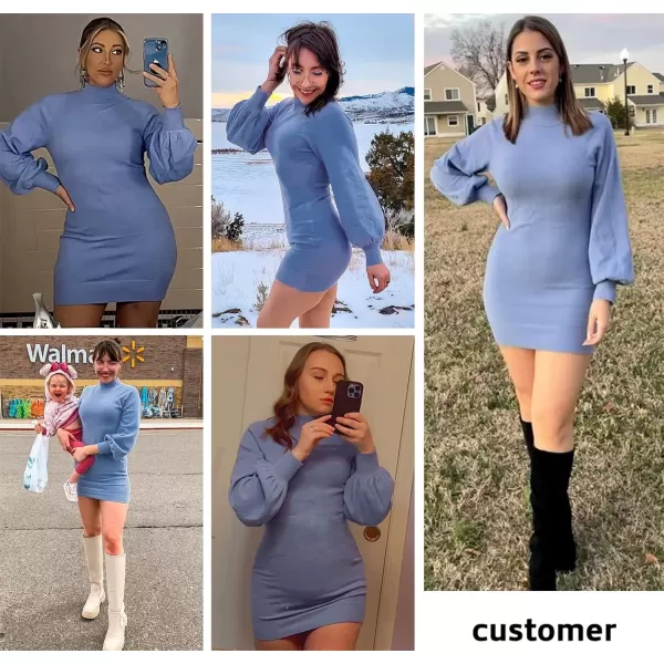 imageEXLURA Womens 2024 Mock Neck Ribbed Long Sleeve Bodycon Pullover Cute Mini Sweater DressLight Blue