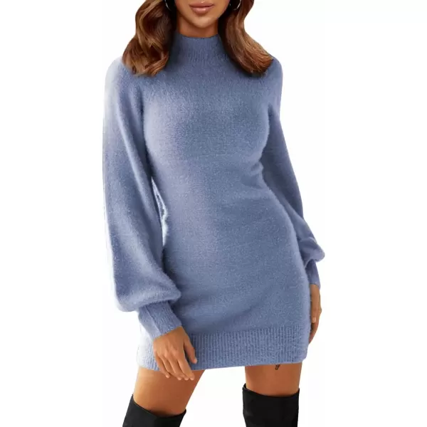 imageEXLURA Womens 2024 Mock Neck Ribbed Long Sleeve Bodycon Pullover Cute Mini Sweater DressLight Blue
