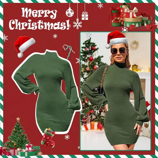 imageEXLURA Womens 2024 Mock Neck Ribbed Long Sleeve Bodycon Pullover Cute Mini Sweater DressOlive Green