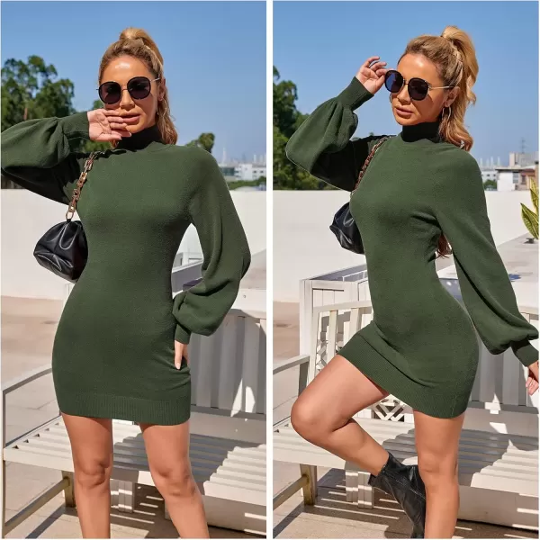 imageEXLURA Womens 2024 Mock Neck Ribbed Long Sleeve Bodycon Pullover Cute Mini Sweater DressOlive Green