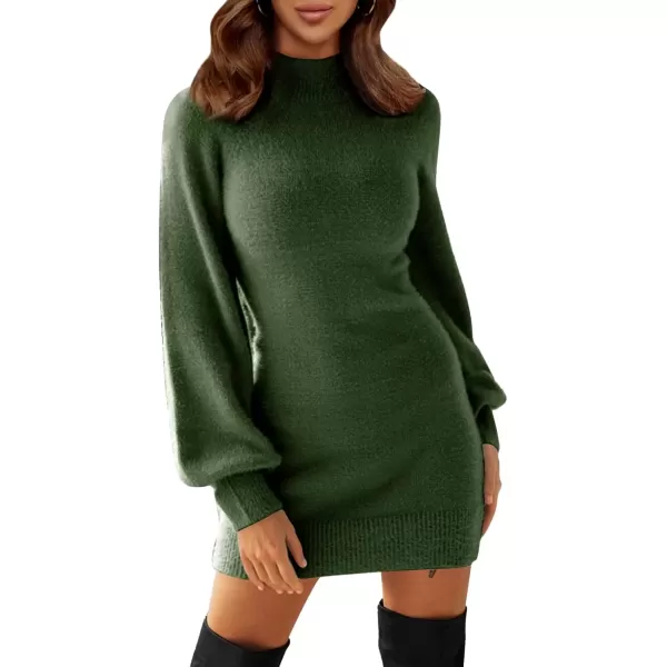 imageEXLURA Womens 2024 Mock Neck Ribbed Long Sleeve Bodycon Pullover Cute Mini Sweater DressOlive Green