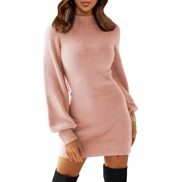 imageEXLURA Womens 2024 Mock Neck Ribbed Long Sleeve Bodycon Pullover Cute Mini Sweater DressPink