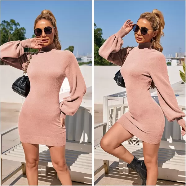 imageEXLURA Womens 2024 Mock Neck Ribbed Long Sleeve Bodycon Pullover Cute Mini Sweater DressPink