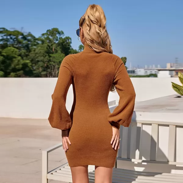 imageEXLURA Womens 2024 Mock Neck Ribbed Long Sleeve Bodycon Pullover Cute Mini Sweater DressPumpkin