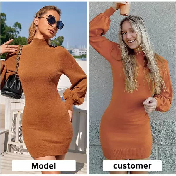 imageEXLURA Womens 2024 Mock Neck Ribbed Long Sleeve Bodycon Pullover Cute Mini Sweater DressPumpkin