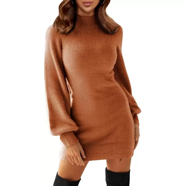 imageEXLURA Womens 2024 Mock Neck Ribbed Long Sleeve Bodycon Pullover Cute Mini Sweater DressPumpkin
