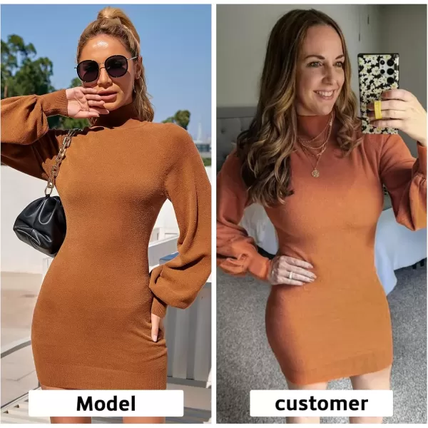 imageEXLURA Womens 2024 Mock Neck Ribbed Long Sleeve Bodycon Pullover Cute Mini Sweater DressPumpkin