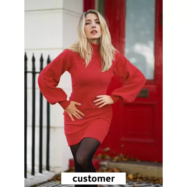 imageEXLURA Womens 2024 Mock Neck Ribbed Long Sleeve Bodycon Pullover Cute Mini Sweater DressRed