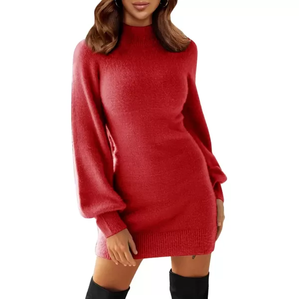 imageEXLURA Womens 2024 Mock Neck Ribbed Long Sleeve Bodycon Pullover Cute Mini Sweater DressRed