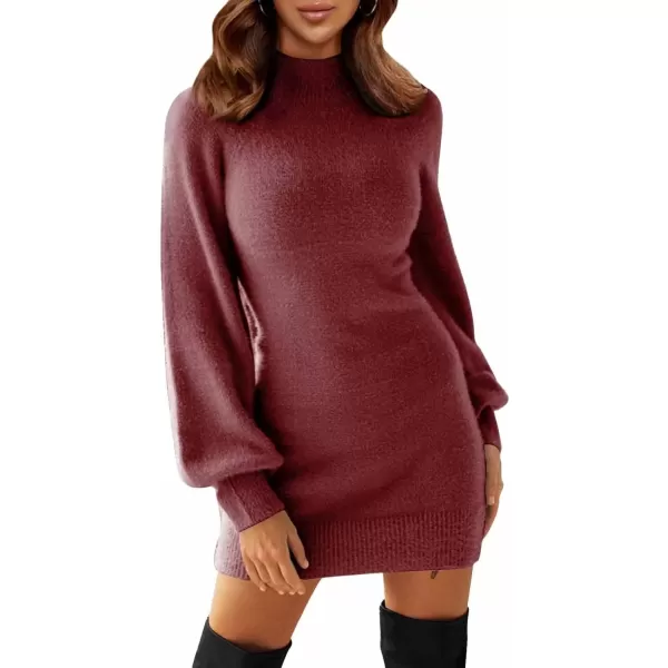 imageEXLURA Womens 2024 Mock Neck Ribbed Long Sleeve Bodycon Pullover Cute Mini Sweater DressWine Red