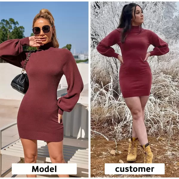 imageEXLURA Womens 2024 Mock Neck Ribbed Long Sleeve Bodycon Pullover Cute Mini Sweater DressWine Red