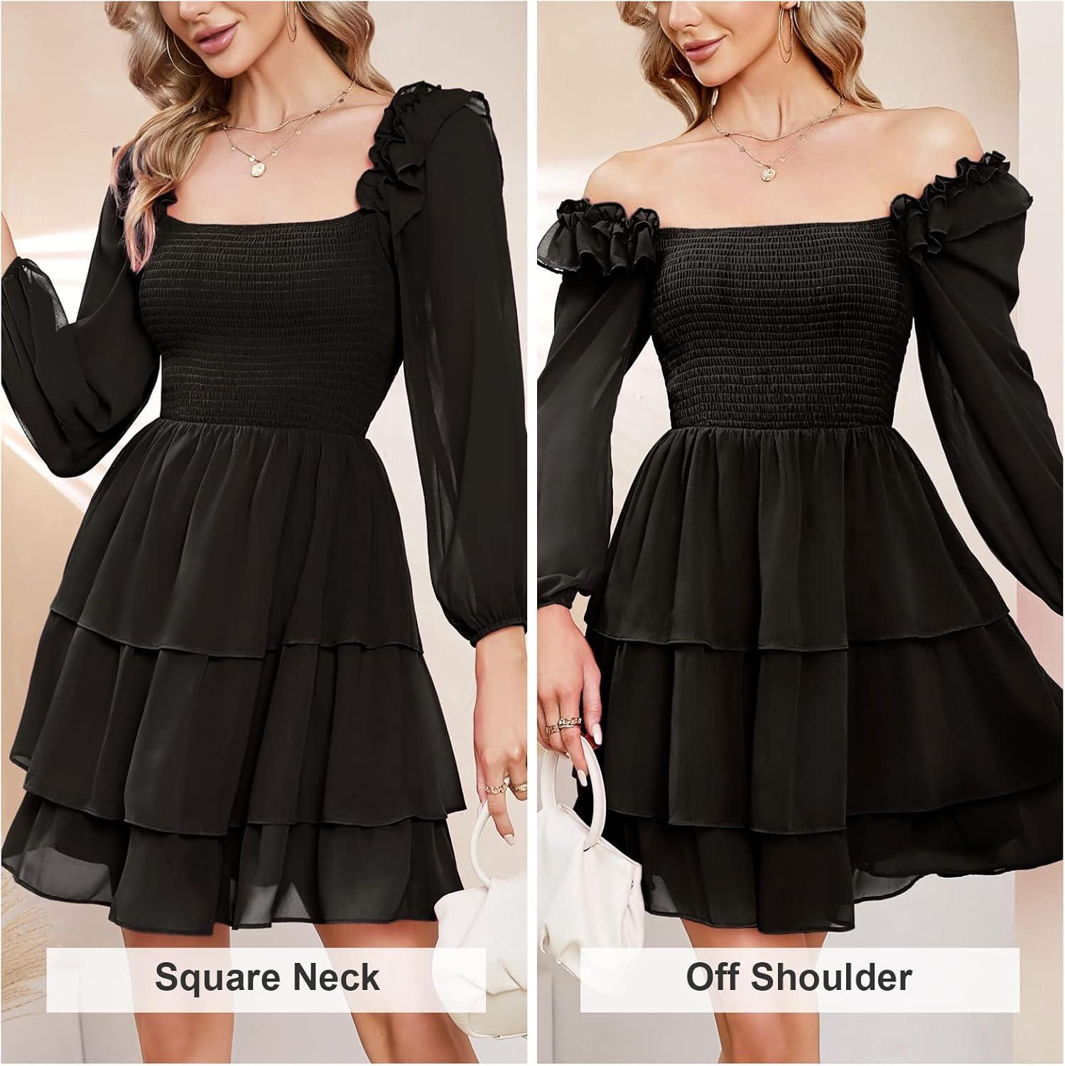 imageByinns Womens Smocked Ruffle Mini Dress Square Neck Long Sleeve Party Dress Cute Cottagecore Wedding Guest DressBlack