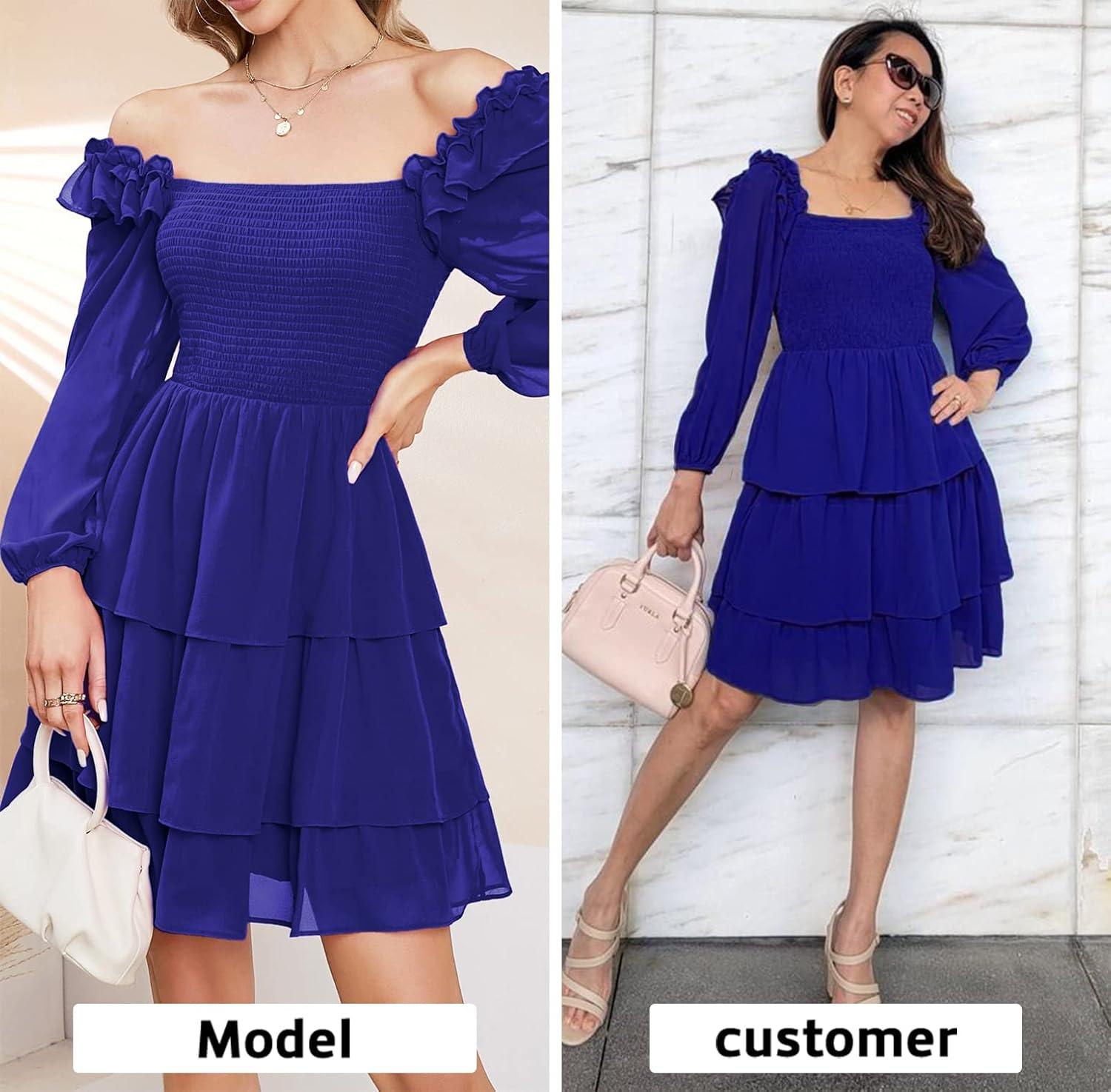 imageByinns Womens Smocked Ruffle Mini Dress Square Neck Long Sleeve Party Dress Cute Cottagecore Wedding Guest DressDark Blue