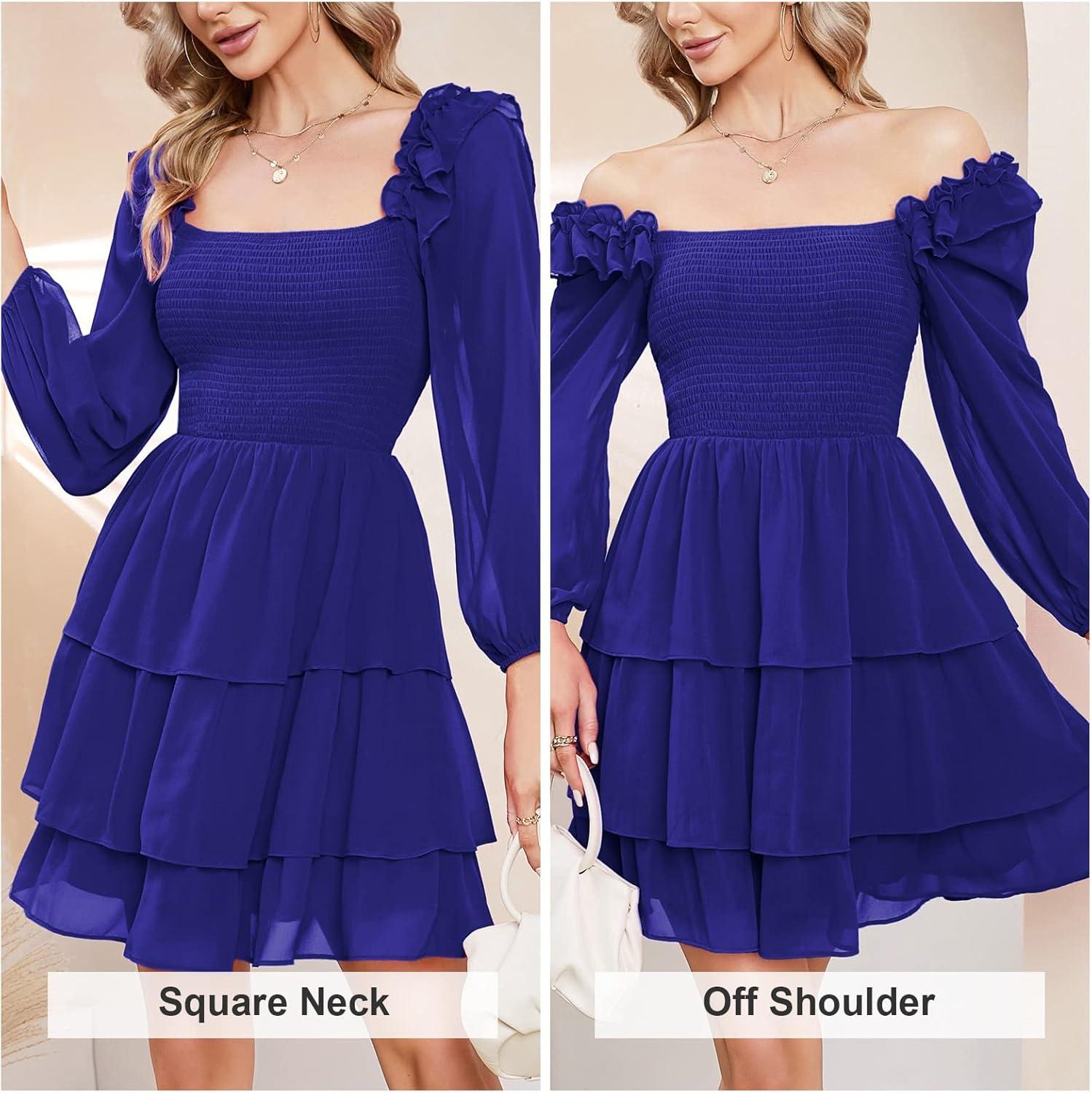 imageByinns Womens Smocked Ruffle Mini Dress Square Neck Long Sleeve Party Dress Cute Cottagecore Wedding Guest DressDark Blue