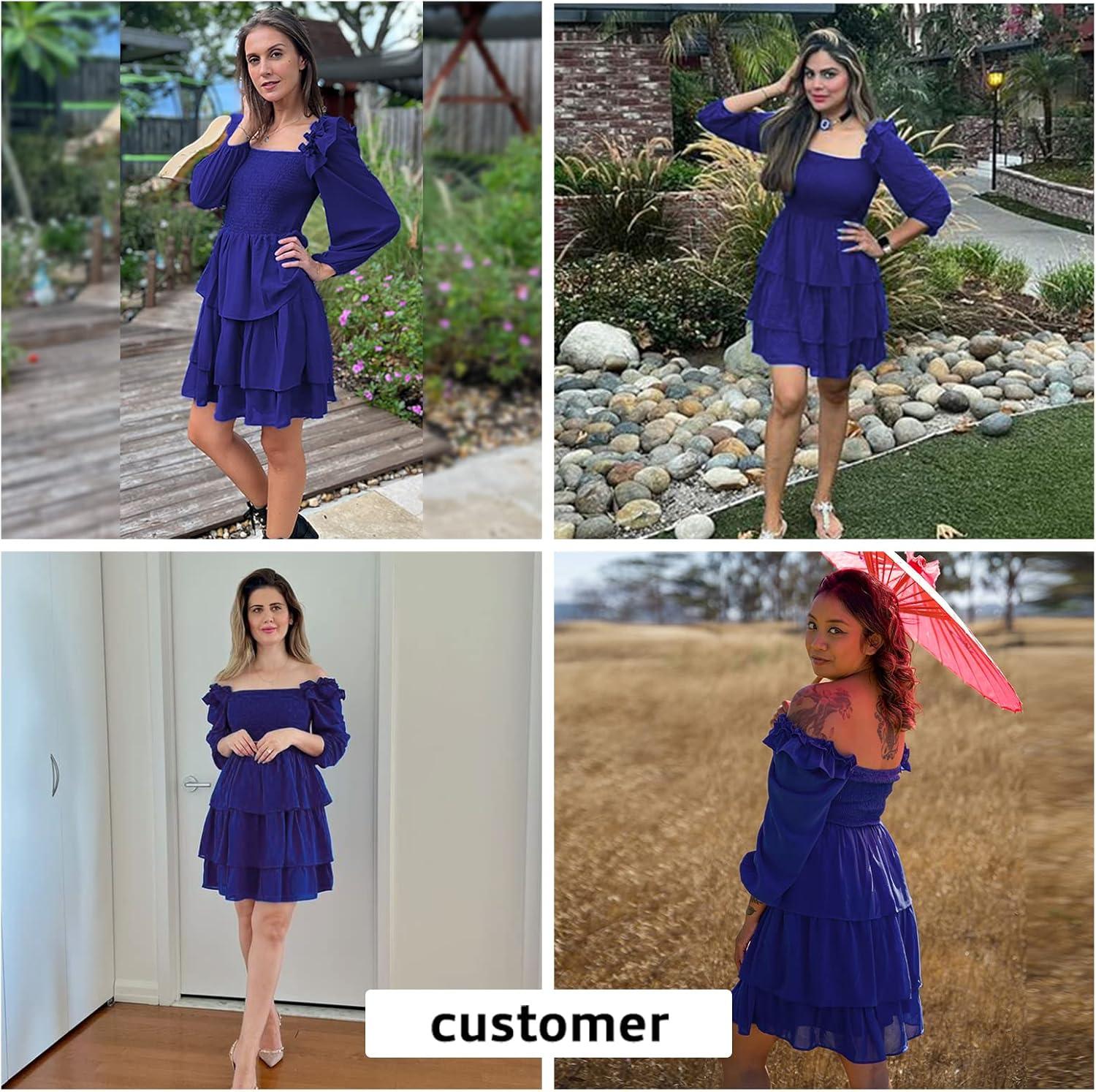 imageByinns Womens Smocked Ruffle Mini Dress Square Neck Long Sleeve Party Dress Cute Cottagecore Wedding Guest DressDark Blue