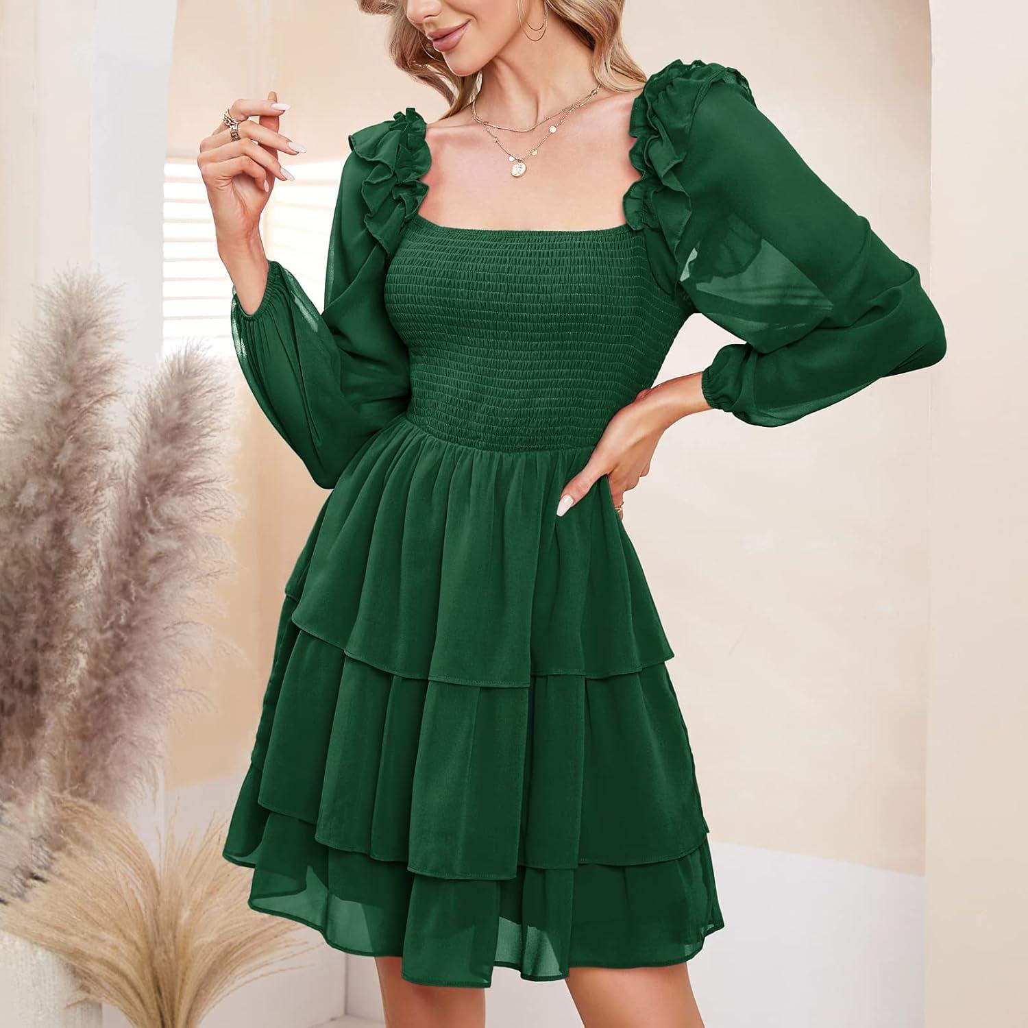 imageByinns Womens Smocked Ruffle Mini Dress Square Neck Long Sleeve Party Dress Cute Cottagecore Wedding Guest DressDark Green