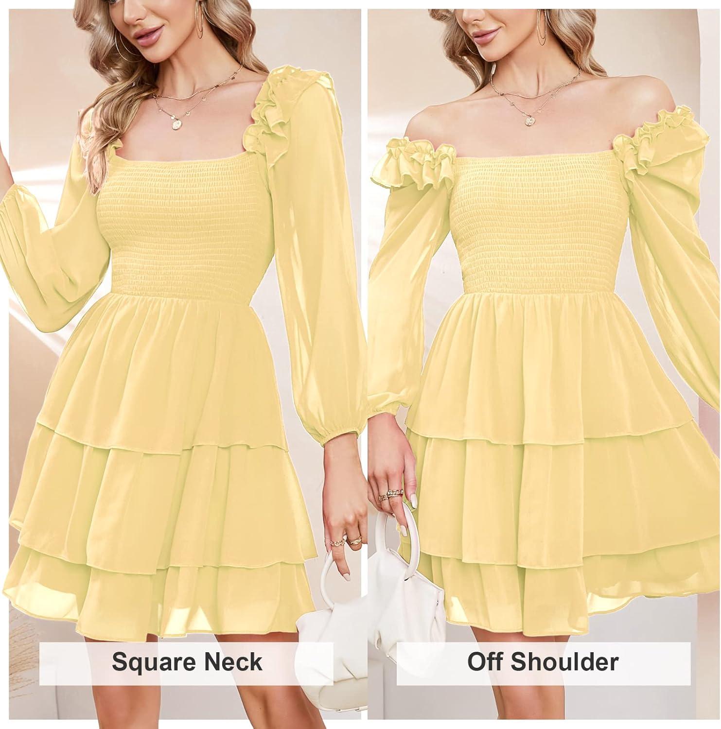 imageByinns Womens Smocked Ruffle Mini Dress Square Neck Long Sleeve Party Dress Cute Cottagecore Wedding Guest DressLight Yellow
