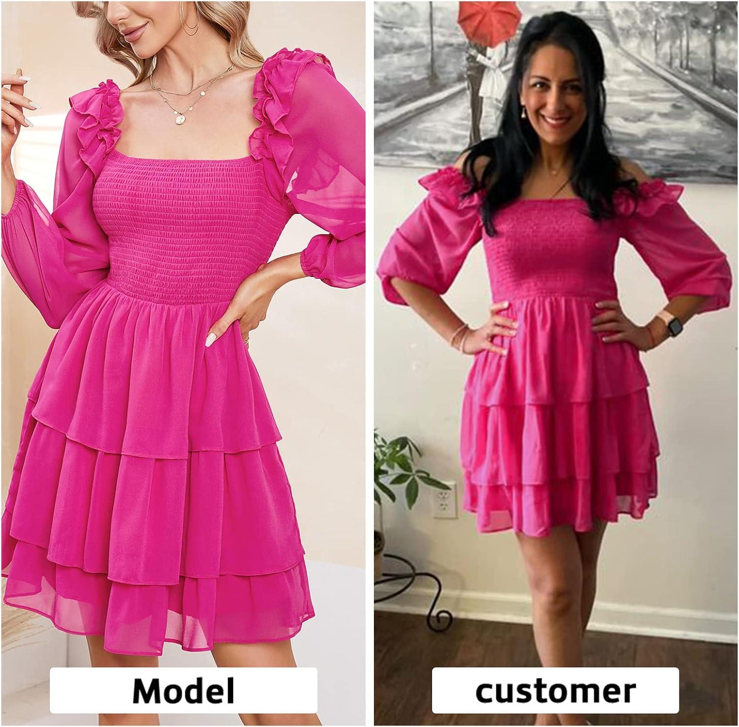 imageByinns Womens Smocked Ruffle Mini Dress Square Neck Long Sleeve Party Dress Cute Cottagecore Wedding Guest DressPink