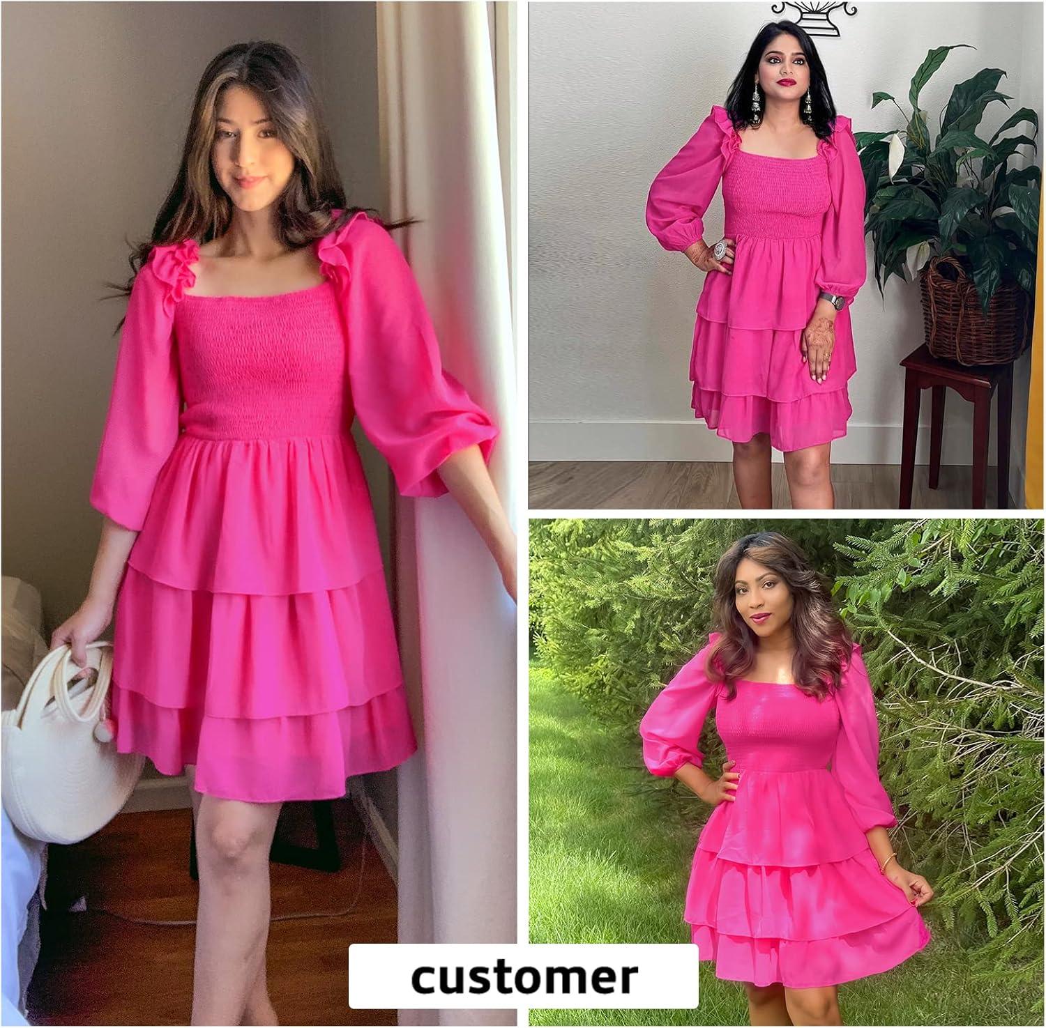 imageByinns Womens Smocked Ruffle Mini Dress Square Neck Long Sleeve Party Dress Cute Cottagecore Wedding Guest DressPink