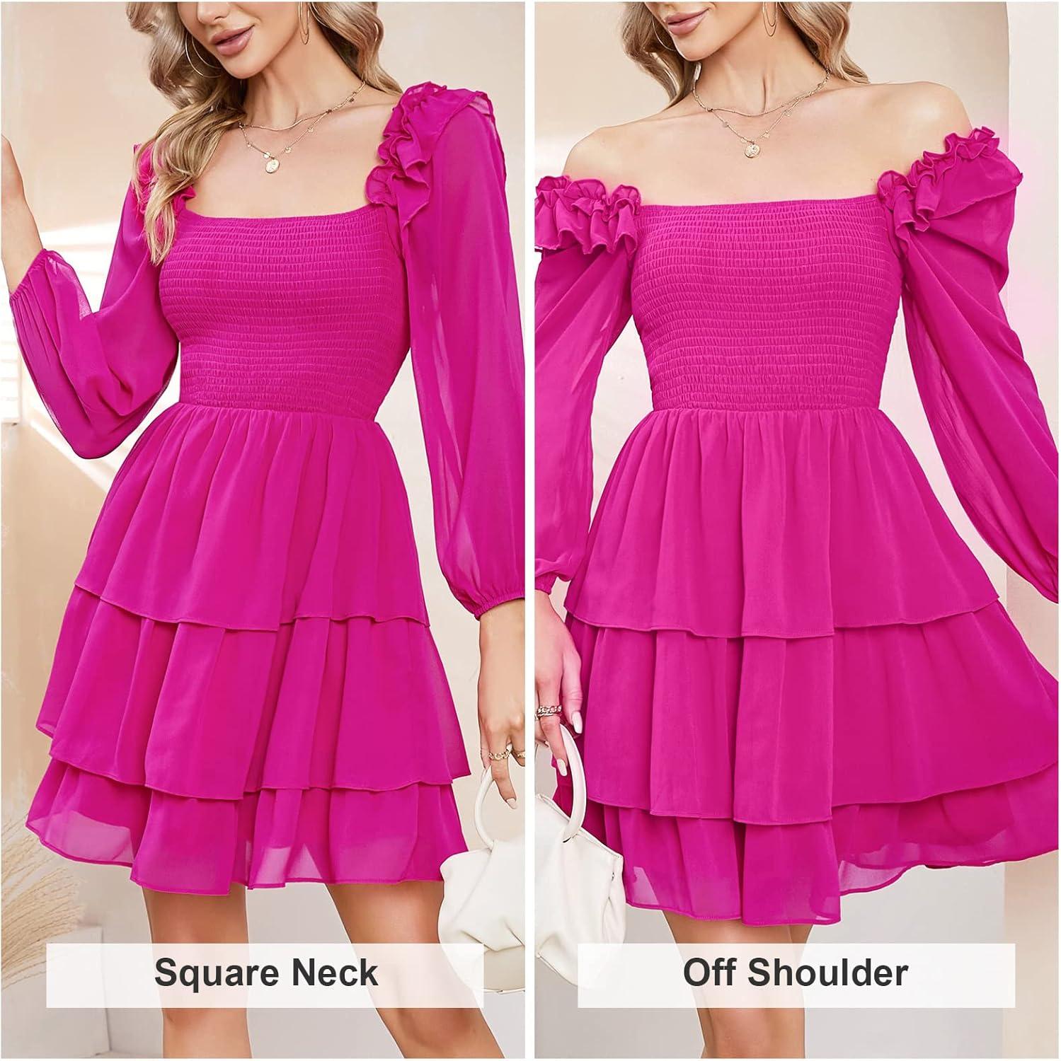 imageByinns Womens Smocked Ruffle Mini Dress Square Neck Long Sleeve Party Dress Cute Cottagecore Wedding Guest DressPink