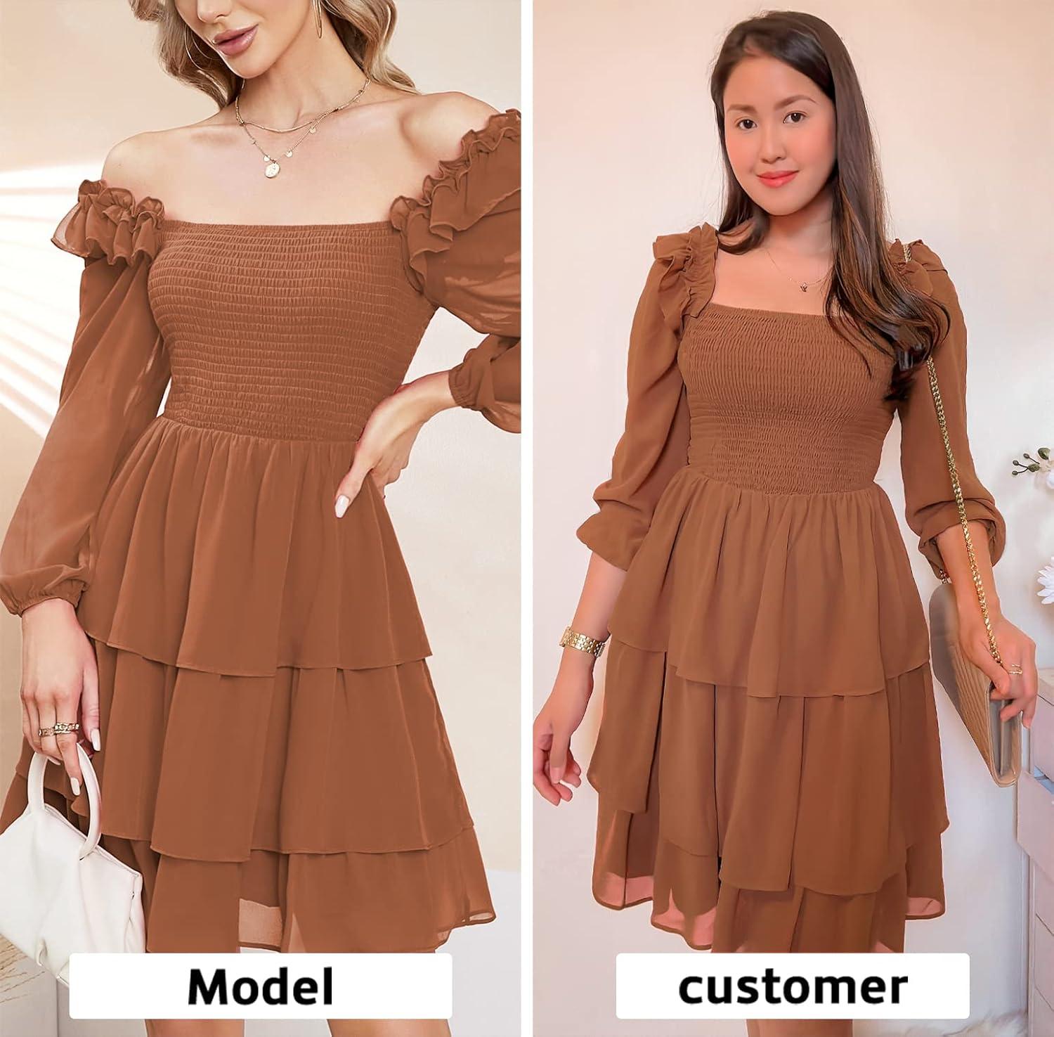 imageByinns Womens Smocked Ruffle Mini Dress Square Neck Long Sleeve Party Dress Cute Cottagecore Wedding Guest DressPumpkin