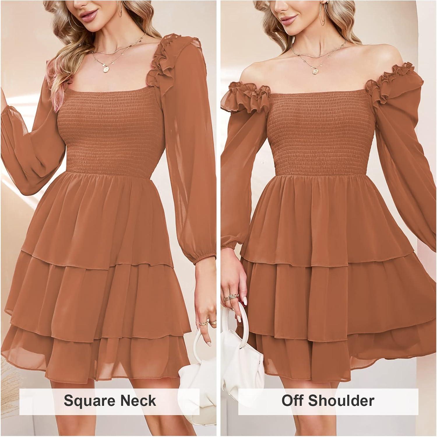 imageByinns Womens Smocked Ruffle Mini Dress Square Neck Long Sleeve Party Dress Cute Cottagecore Wedding Guest DressPumpkin