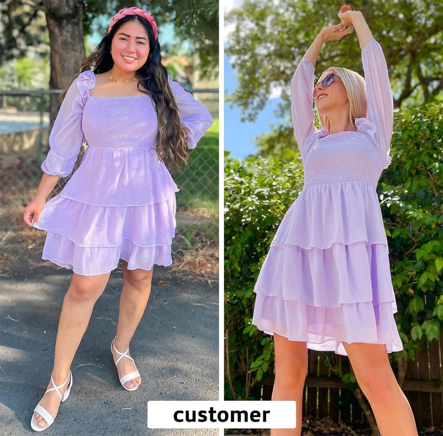 imageByinns Womens Smocked Ruffle Mini Dress Square Neck Long Sleeve Party Dress Cute Cottagecore Wedding Guest DressPurple