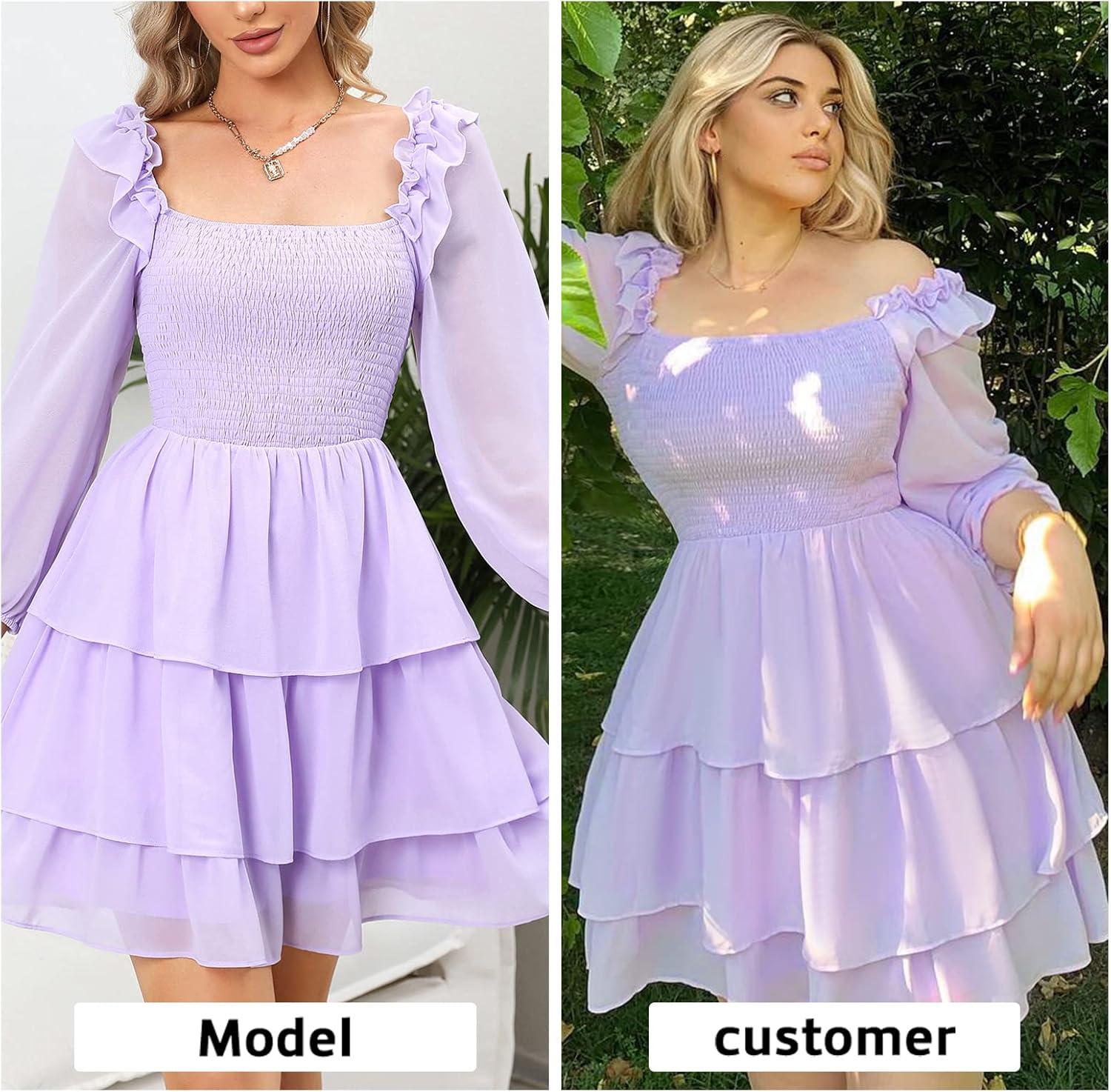 imageByinns Womens Smocked Ruffle Mini Dress Square Neck Long Sleeve Party Dress Cute Cottagecore Wedding Guest DressPurple