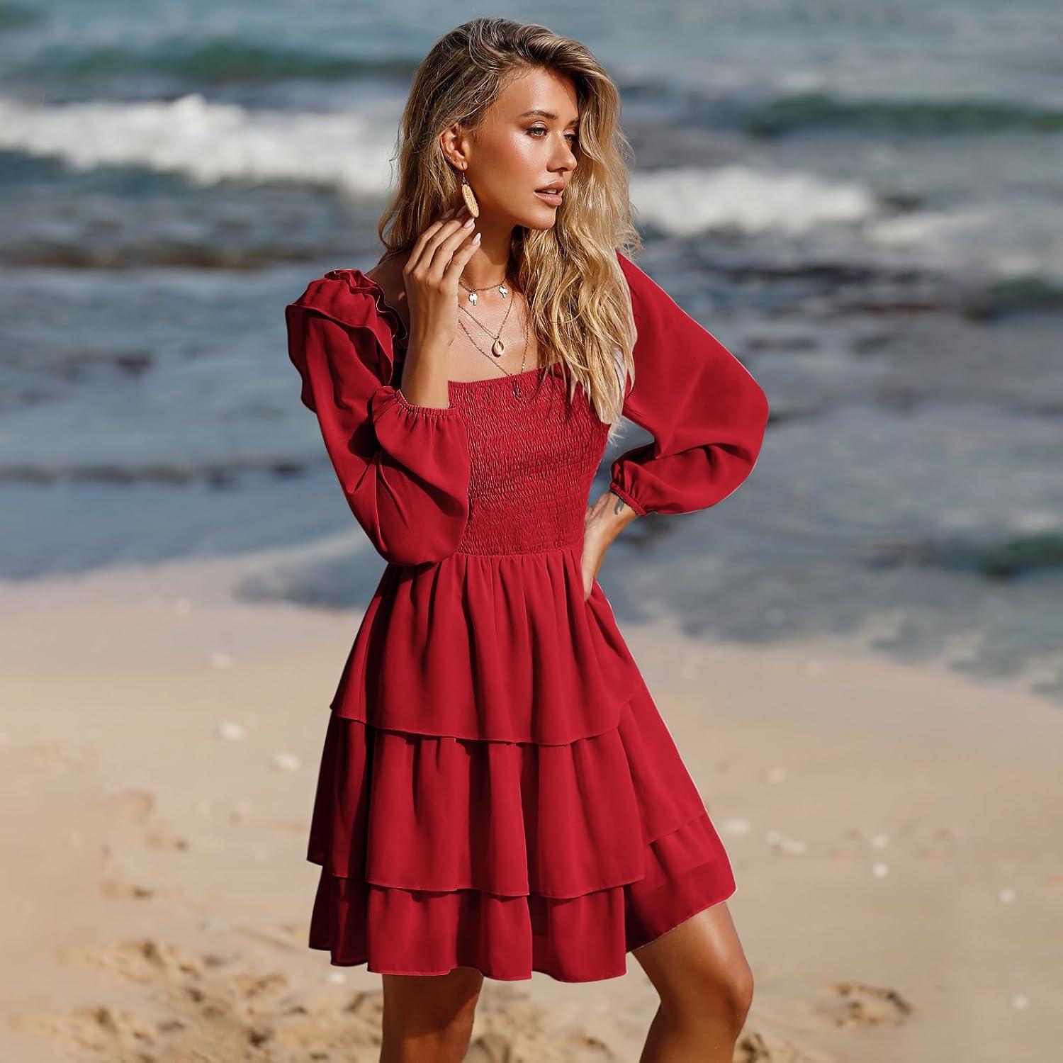 imageByinns Womens Smocked Ruffle Mini Dress Square Neck Long Sleeve Party Dress Cute Cottagecore Wedding Guest DressRed