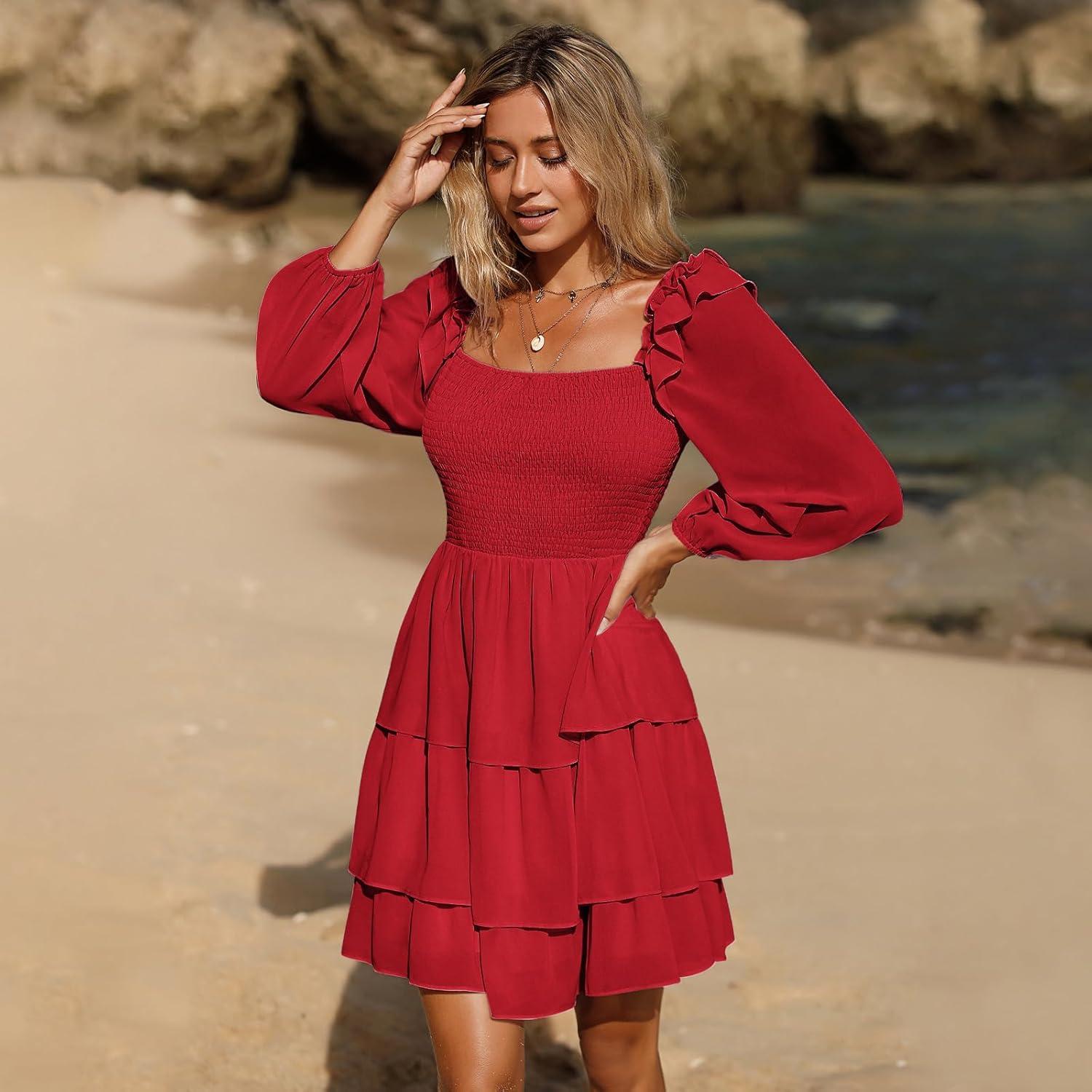 imageByinns Womens Smocked Ruffle Mini Dress Square Neck Long Sleeve Party Dress Cute Cottagecore Wedding Guest DressRed