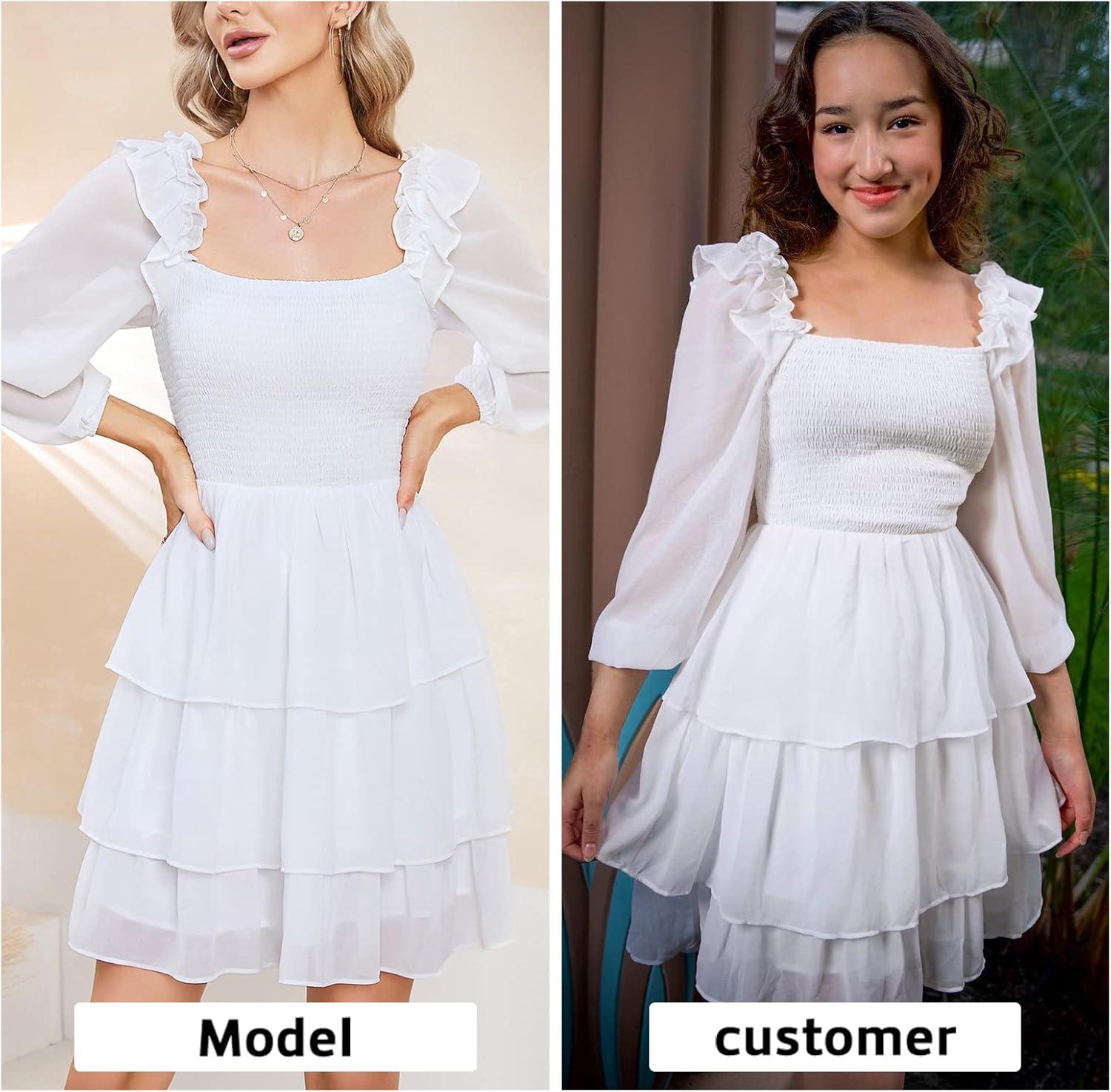 imageByinns Womens Smocked Ruffle Mini Dress Square Neck Long Sleeve Party Dress Cute Cottagecore Wedding Guest DressWhite
