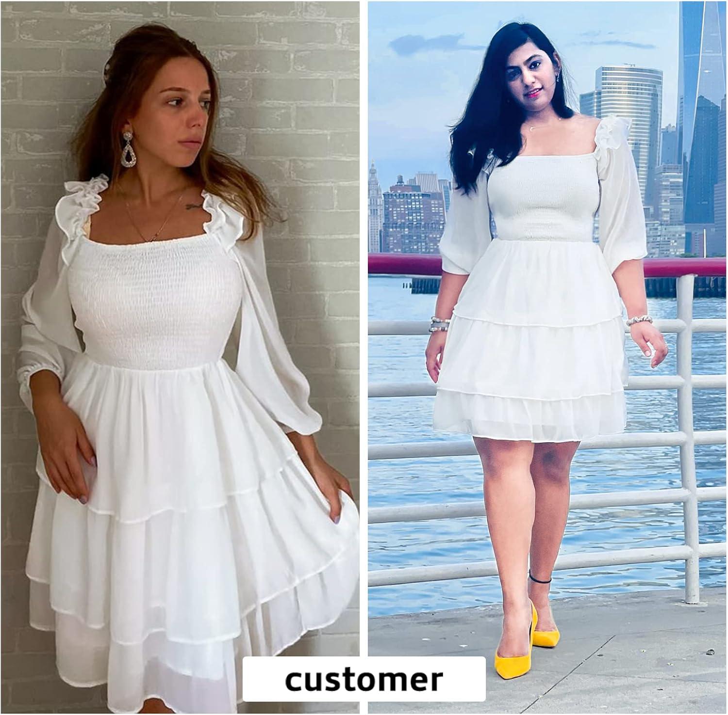 imageByinns Womens Smocked Ruffle Mini Dress Square Neck Long Sleeve Party Dress Cute Cottagecore Wedding Guest DressWhite