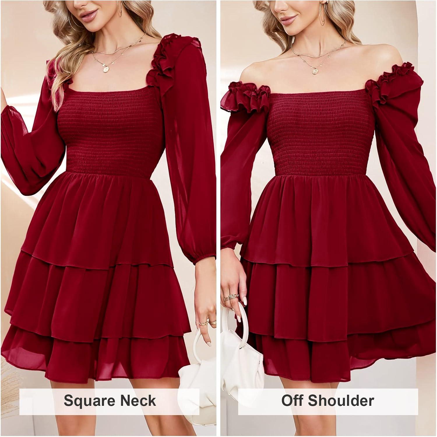 imageByinns Womens Smocked Ruffle Mini Dress Square Neck Long Sleeve Party Dress Cute Cottagecore Wedding Guest DressWine Red