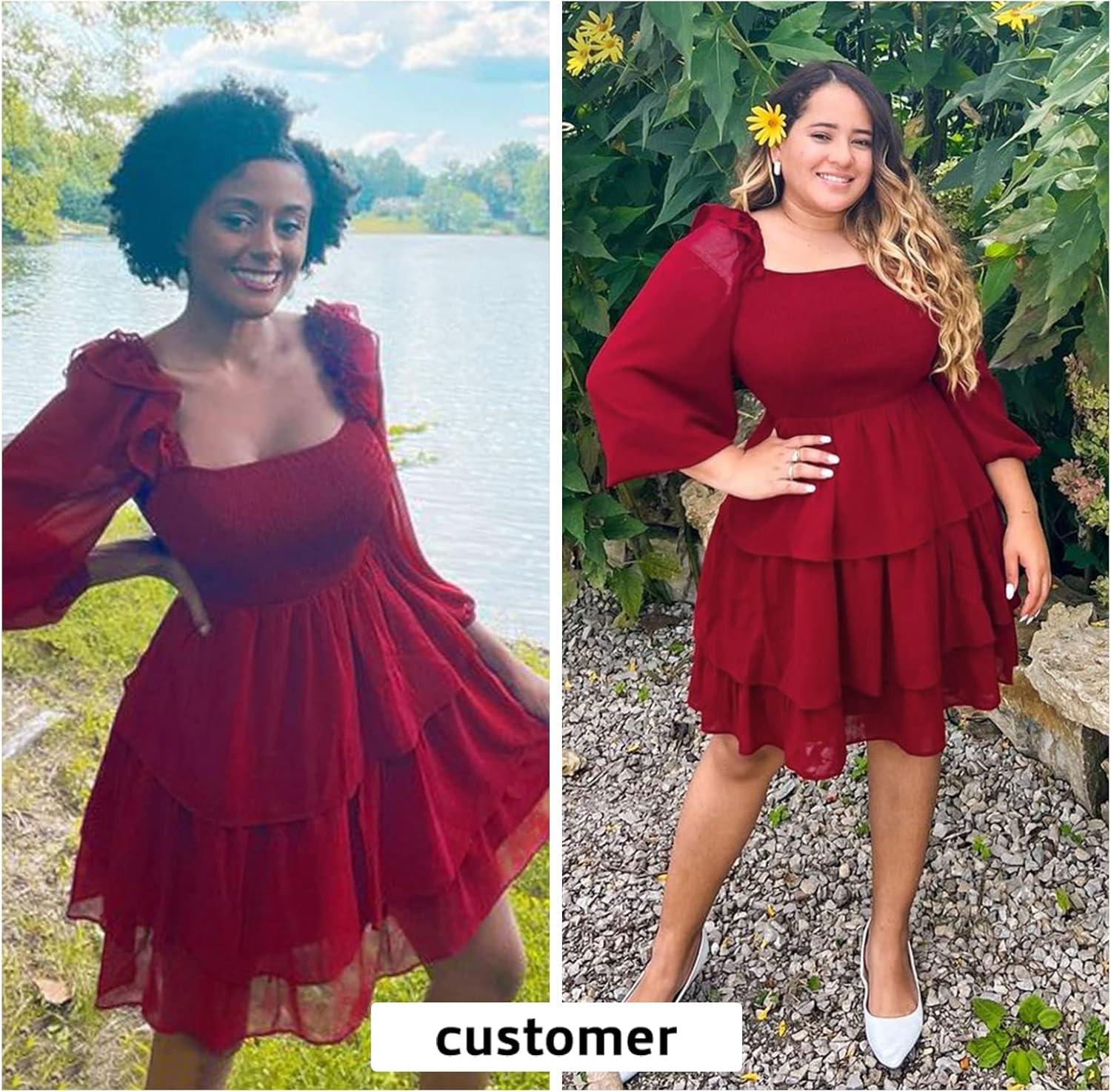 imageByinns Womens Smocked Ruffle Mini Dress Square Neck Long Sleeve Party Dress Cute Cottagecore Wedding Guest DressWine Red