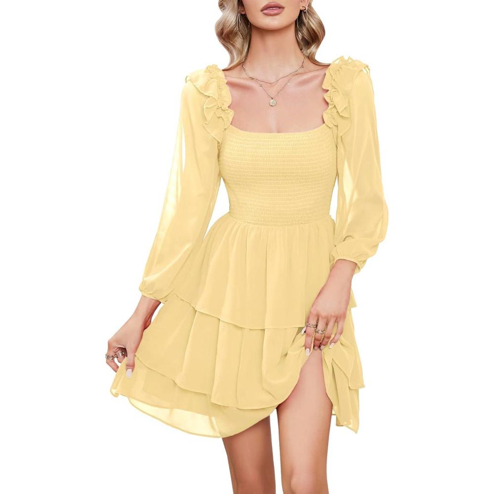 imageByinns Womens Smocked Ruffle Mini Dress Square Neck Long Sleeve Party Dress Cute Cottagecore Wedding Guest DressLight Yellow