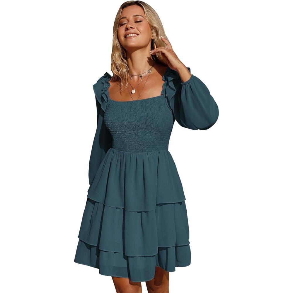 imageByinns Womens Smocked Ruffle Mini Dress Square Neck Long Sleeve Party Dress Cute Cottagecore Wedding Guest DressPeacock Blue