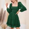 imageByinns Womens Smocked Ruffle Mini Dress Square Neck Long Sleeve Party Dress Cute Cottagecore Wedding Guest DressDark Green