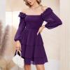 imageByinns Womens Smocked Ruffle Mini Dress Square Neck Long Sleeve Party Dress Cute Cottagecore Wedding Guest DressDark Purple