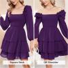 imageByinns Womens Smocked Ruffle Mini Dress Square Neck Long Sleeve Party Dress Cute Cottagecore Wedding Guest DressDark Purple