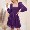 imageByinns Womens Smocked Ruffle Mini Dress Square Neck Long Sleeve Party Dress Cute Cottagecore Wedding Guest DressDark Purple