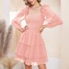 imageByinns Womens Smocked Ruffle Mini Dress Square Neck Long Sleeve Party Dress Cute Cottagecore Wedding Guest DressLight Pink