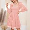 imageByinns Womens Smocked Ruffle Mini Dress Square Neck Long Sleeve Party Dress Cute Cottagecore Wedding Guest DressLight Pink