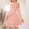 imageByinns Womens Smocked Ruffle Mini Dress Square Neck Long Sleeve Party Dress Cute Cottagecore Wedding Guest DressLight Pink