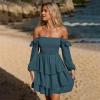 imageByinns Womens Smocked Ruffle Mini Dress Square Neck Long Sleeve Party Dress Cute Cottagecore Wedding Guest DressPeacock Blue